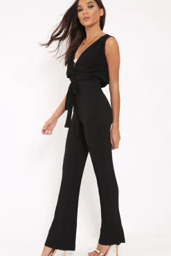 Rebellious Fashion Black Slinky Plunge Wide Leg Jumpsuit - Fergie