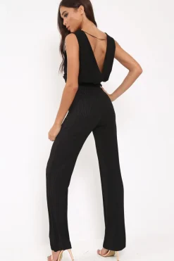 Rebellious Fashion Black Slinky Plunge Wide Leg Jumpsuit - Fergie