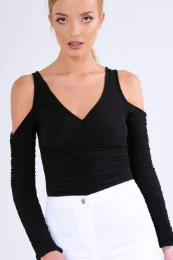 Rebellious Fashion Black Slinky Ruched Cold Shoulder Bodysuit - Jayden