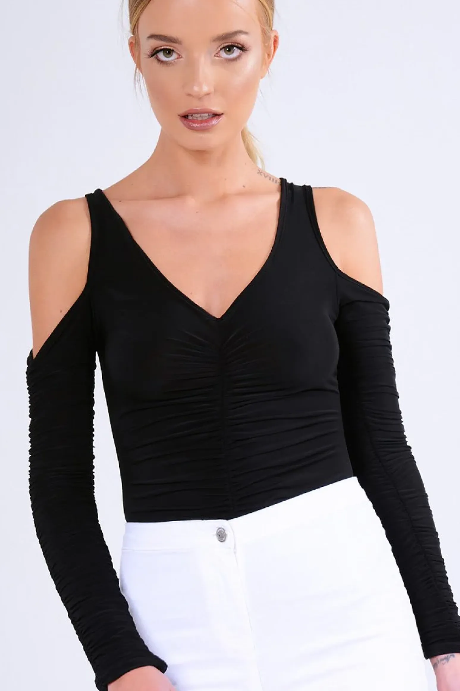 Rebellious Fashion Black Slinky Ruched Cold Shoulder Bodysuit - Jayden