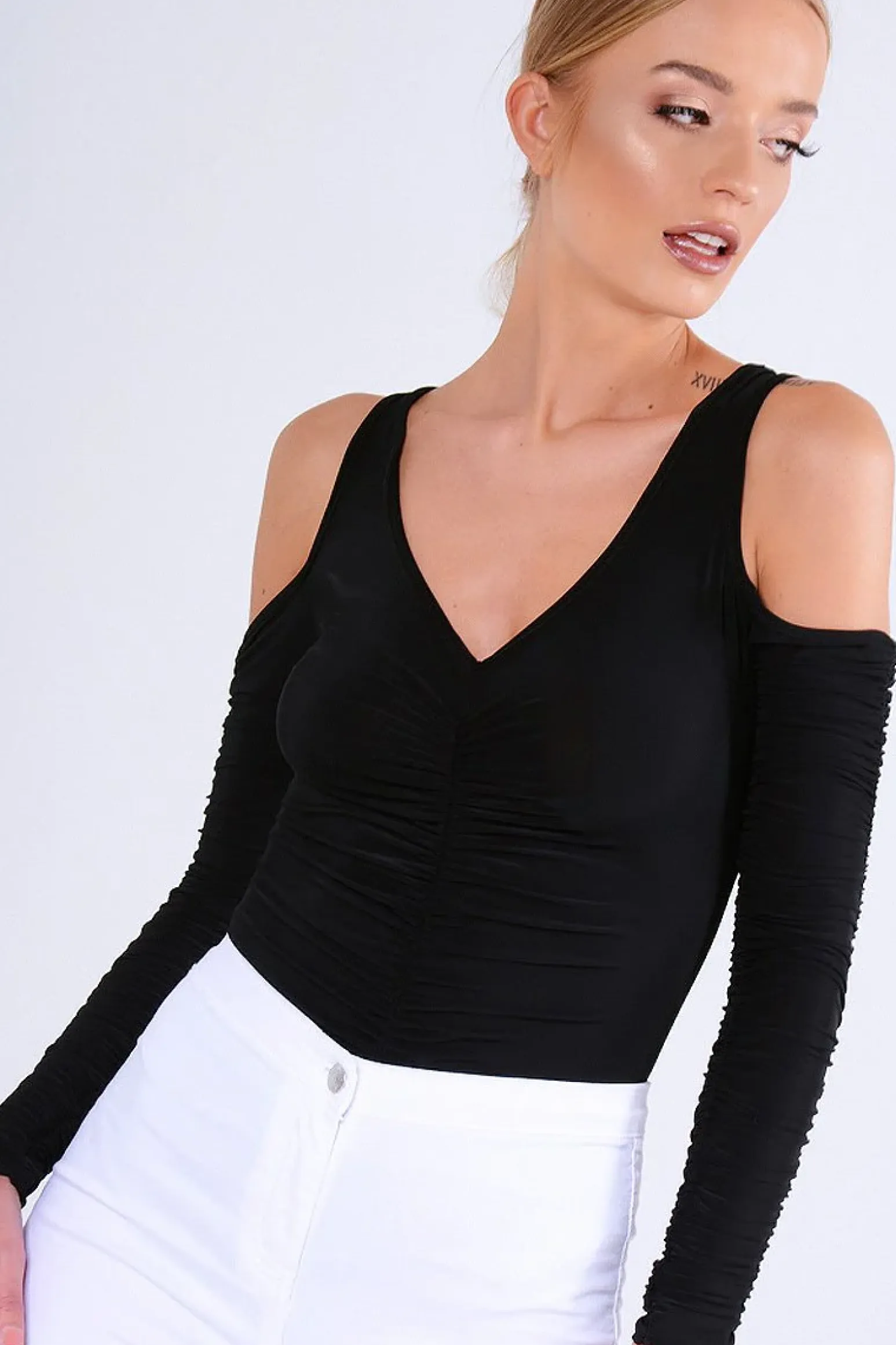Rebellious Fashion Black Slinky Ruched Cold Shoulder Bodysuit - Jayden