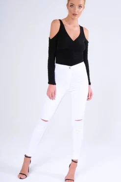 Rebellious Fashion Black Slinky Ruched Cold Shoulder Bodysuit - Jayden