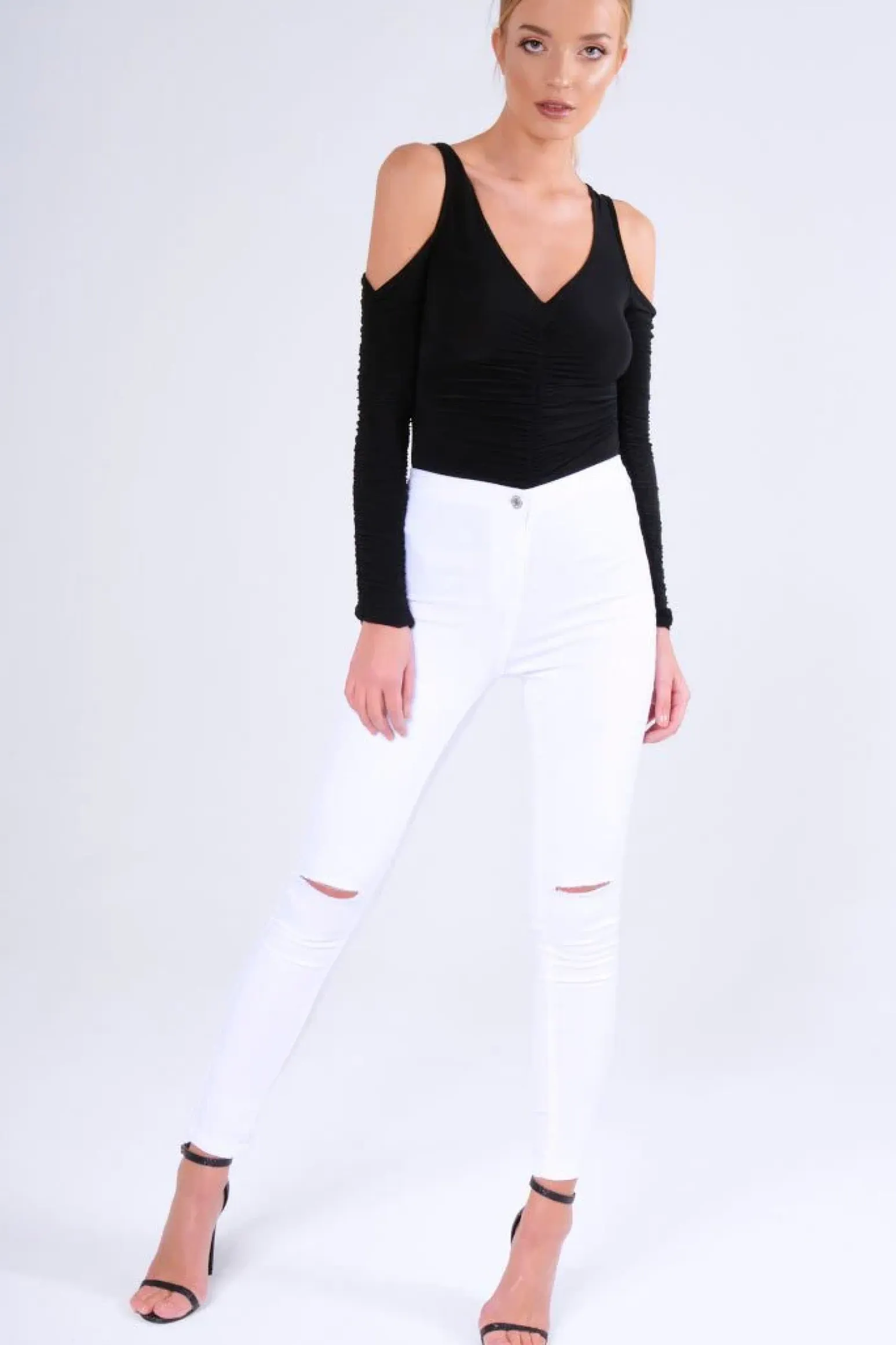 Rebellious Fashion Black Slinky Ruched Cold Shoulder Bodysuit - Jayden