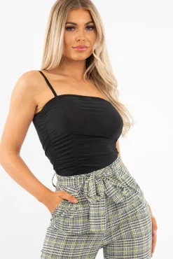 Rebellious Fashion Black Slinky Ruched Detail Bodysuit - Edie