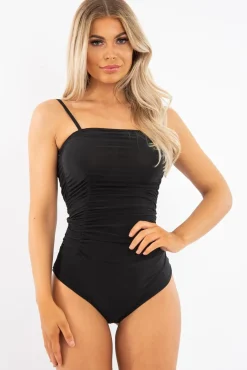 Rebellious Fashion Black Slinky Ruched Detail Bodysuit - Edie