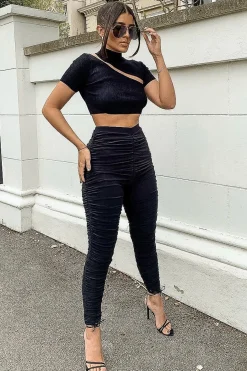 Rebellious Fashion Black Slinky Ruched High Waist Leggings - Dakota