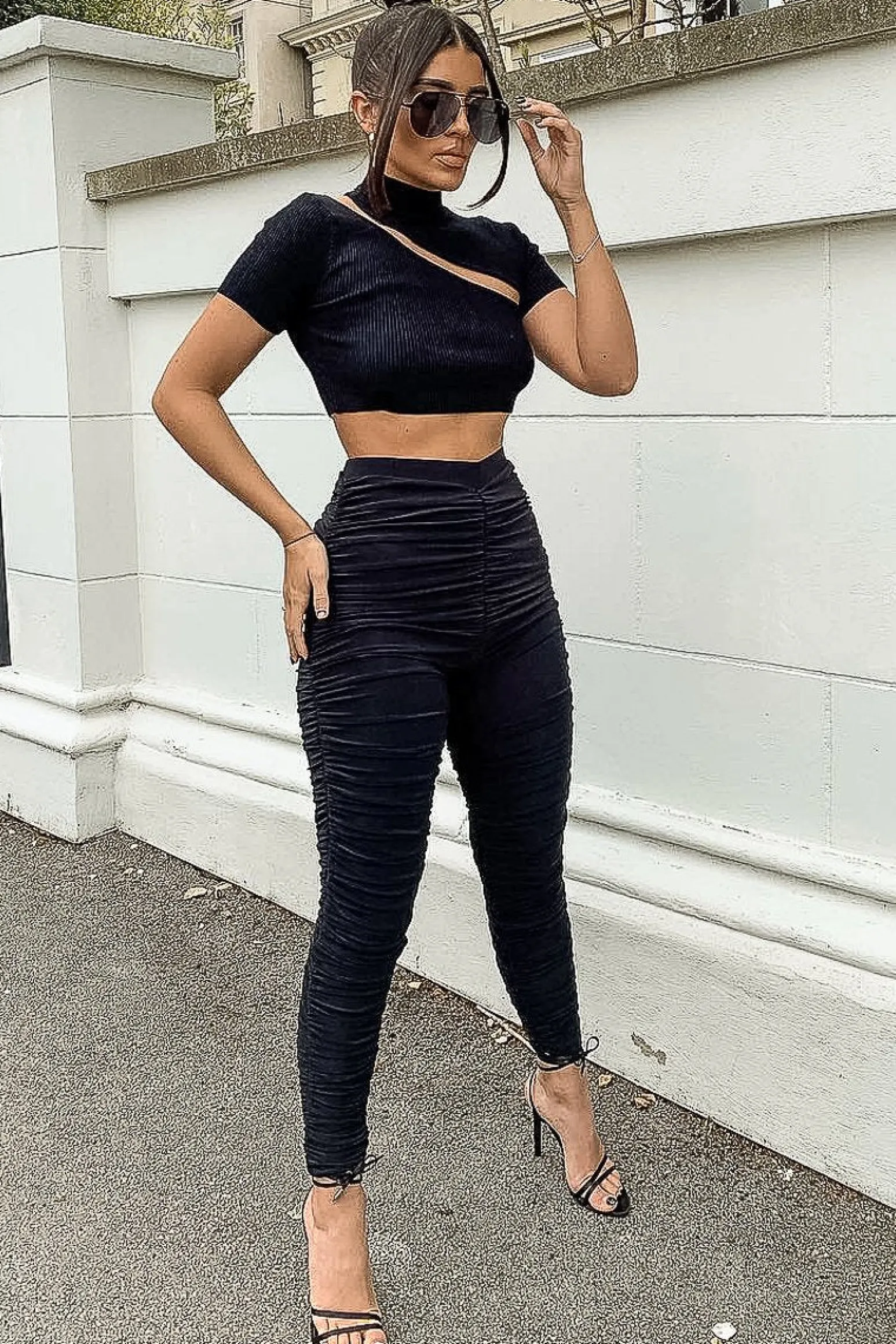 Rebellious Fashion Black Slinky Ruched High Waist Leggings - Dakota