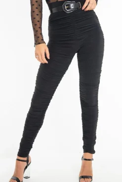 Rebellious Fashion Black Slinky Ruched High Waist Leggings - Dakota