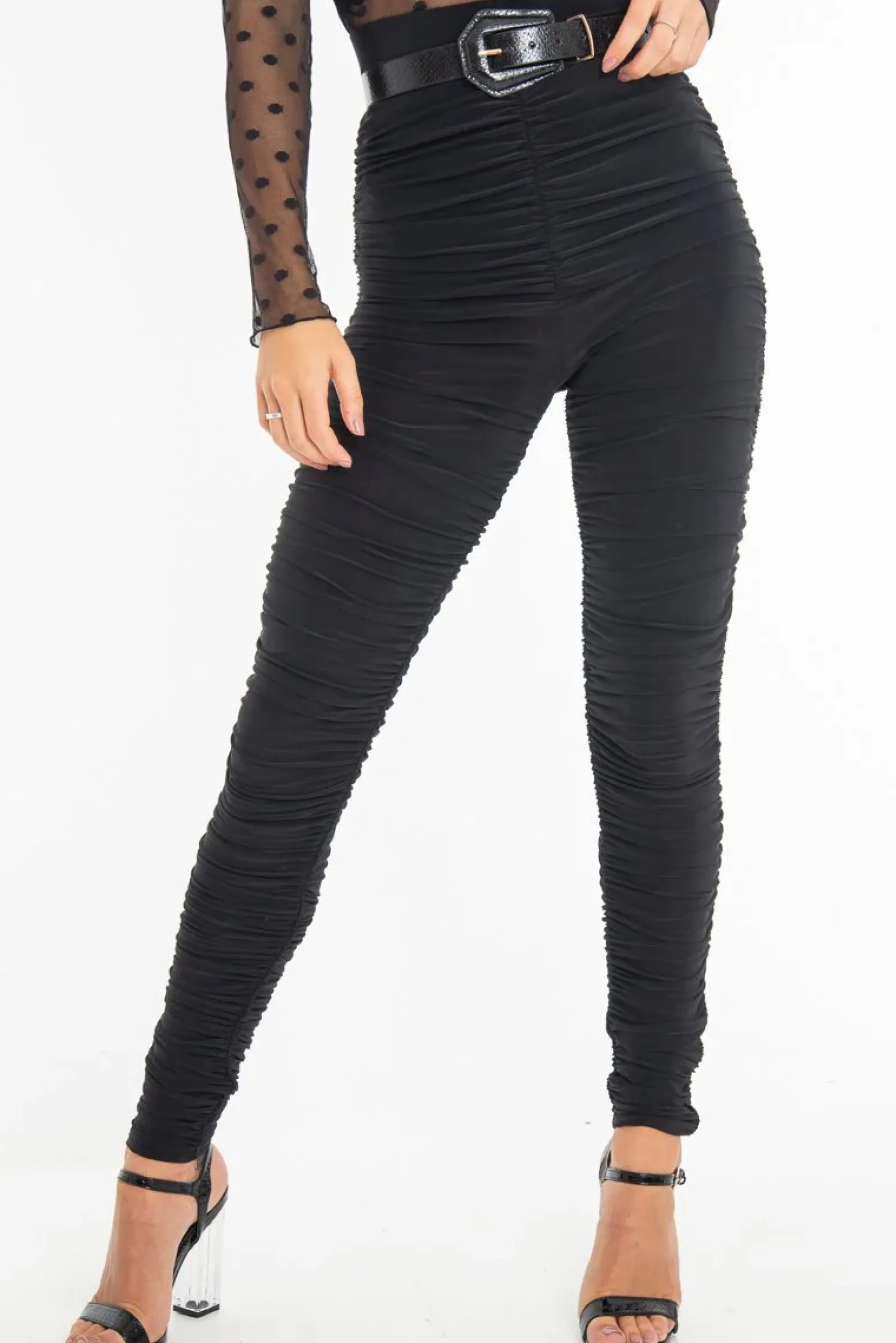 Rebellious Fashion Black Slinky Ruched High Waist Leggings - Dakota
