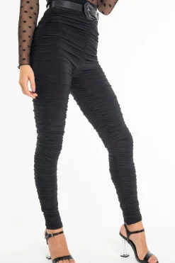 Rebellious Fashion Black Slinky Ruched High Waist Leggings - Dakota