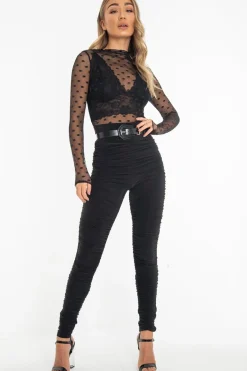 Rebellious Fashion Black Slinky Ruched High Waist Leggings - Dakota