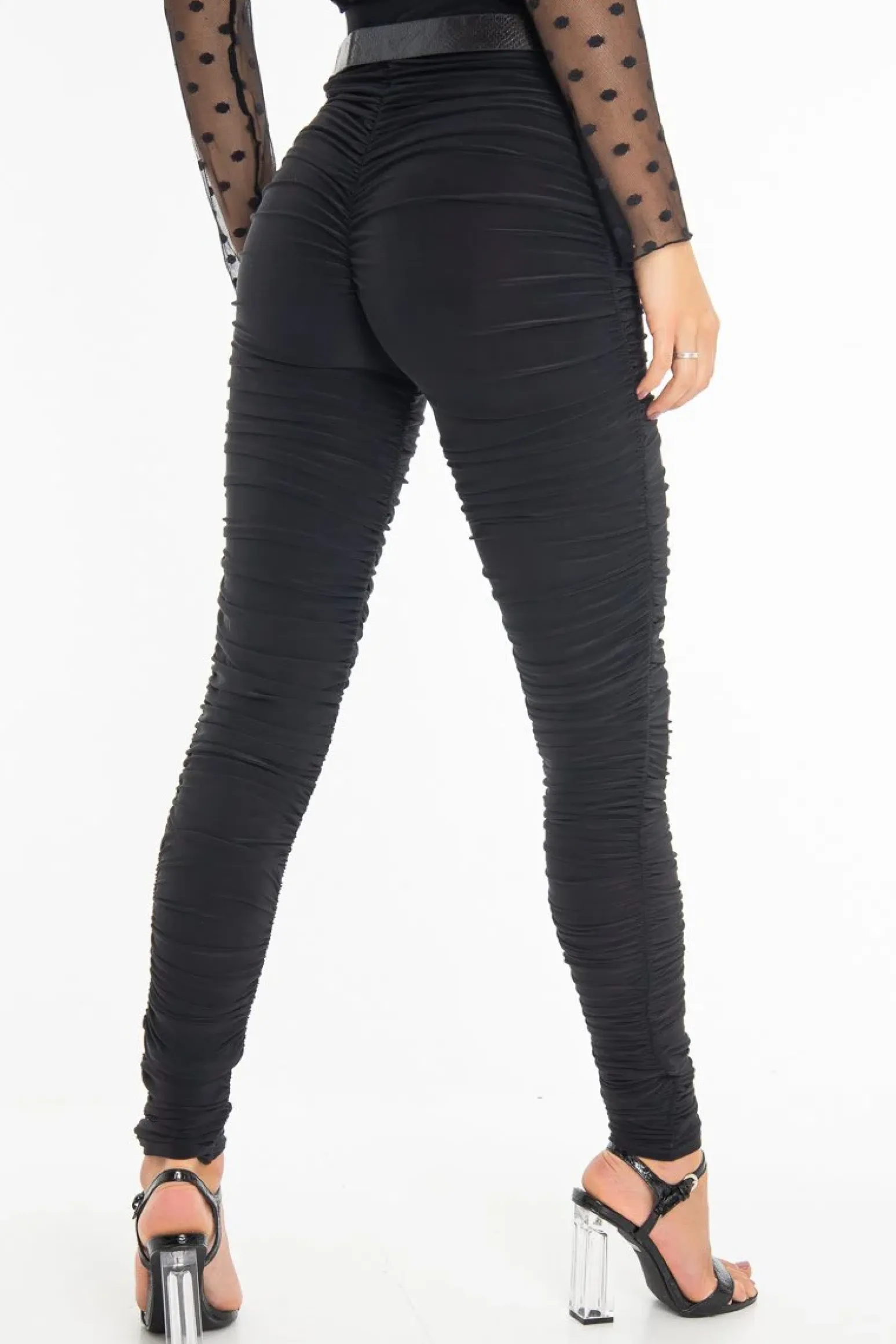 Rebellious Fashion Black Slinky Ruched High Waist Leggings - Dakota