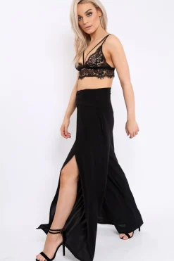 Rebellious Fashion Black Slinky Split Front Trousers - Karly