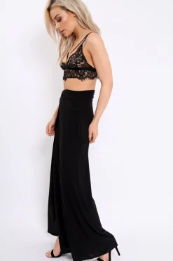 Rebellious Fashion Black Slinky Split Front Trousers - Karly