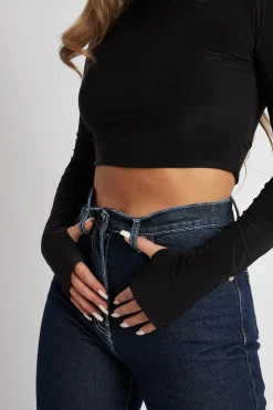 Rebellious Fashion Black Slinky Thumb Hole Long Sleeve Crop Top - Kacci