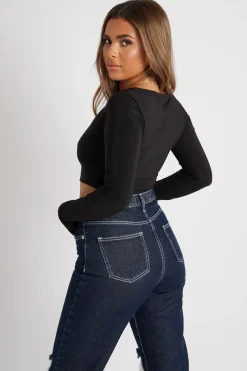Rebellious Fashion Black Slinky Thumb Hole Long Sleeve Crop Top - Kacci