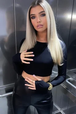 Rebellious Fashion Black Slinky Thumb Hole Long Sleeve Crop Top - Kacci