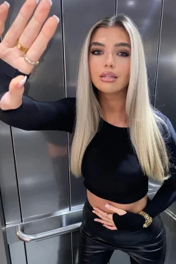 Rebellious Fashion Black Slinky Thumb Hole Long Sleeve Crop Top - Kacci