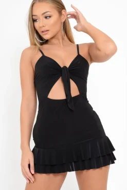 Rebellious Fashion Black Slinky Tie Front Ruffle Dress - Keli