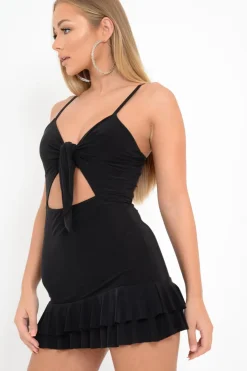 Rebellious Fashion Black Slinky Tie Front Ruffle Dress - Keli