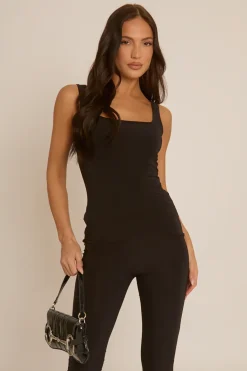 Rebellious Fashion Black Slinky Top and Kick flare Trouser Co-ord - Emilia