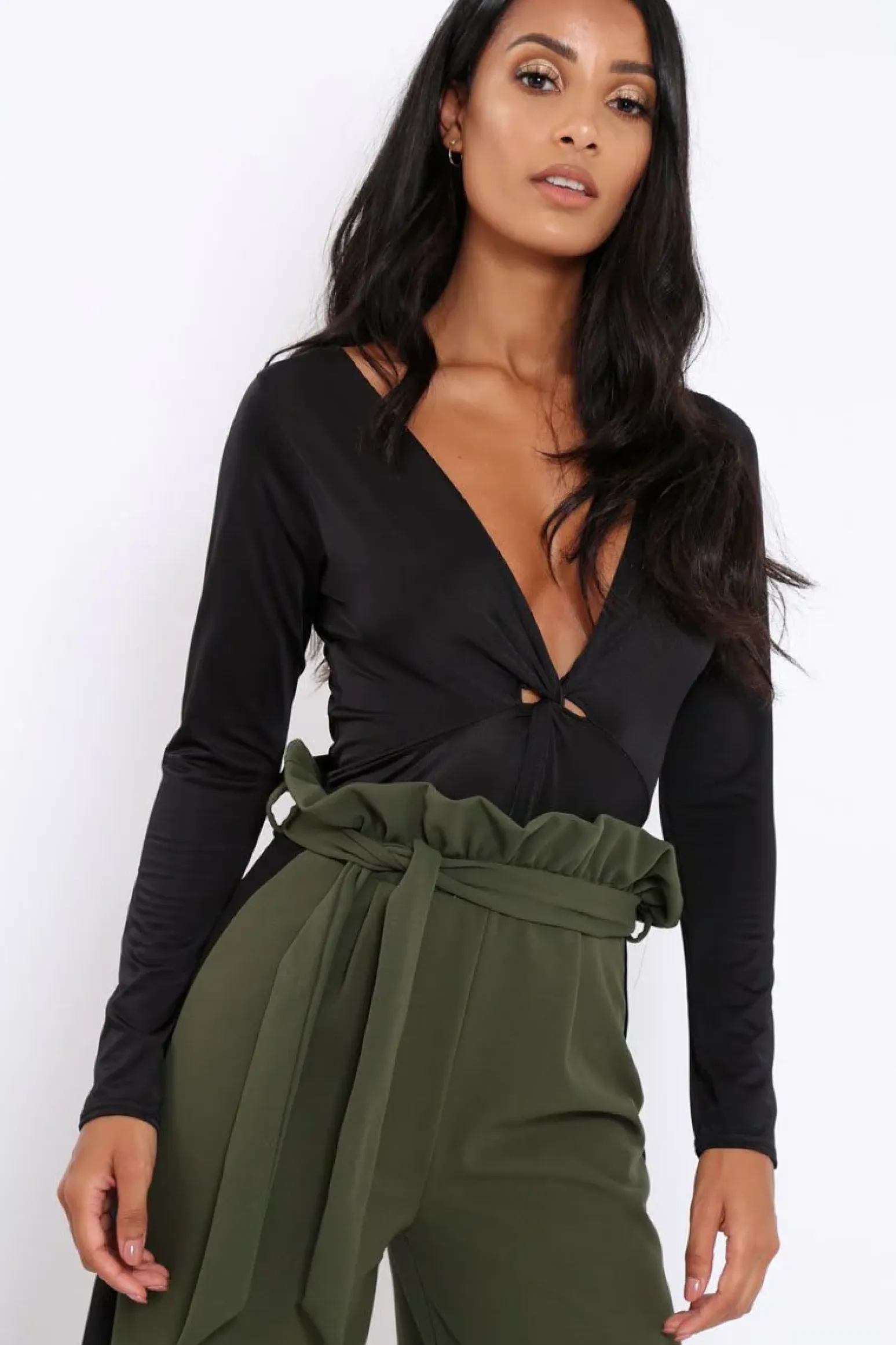 Rebellious Fashion Black Slinky Twist Front Bodysuit - Gretchen