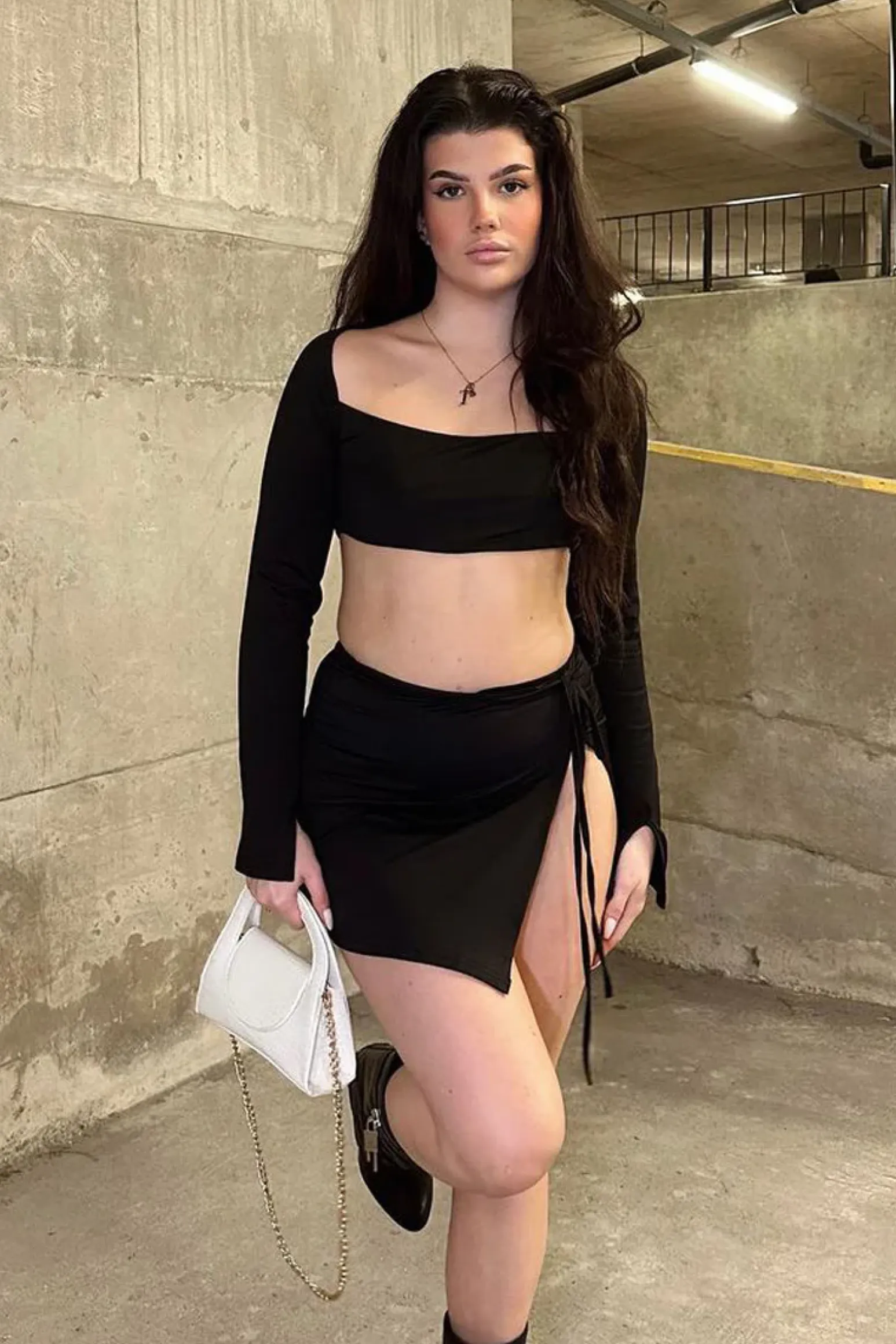 Rebellious Fashion Black Slit Detail Crop Top & Mini Skirt Set - Anisa