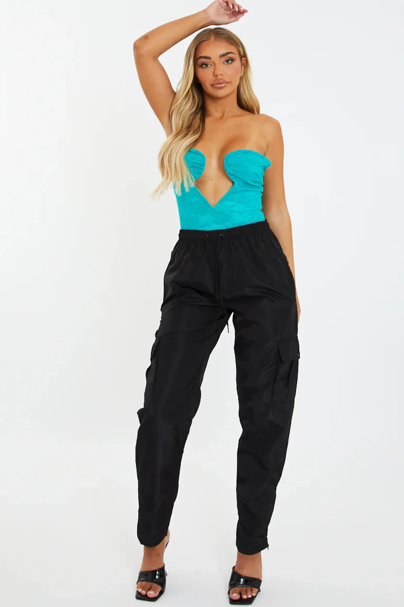 Rebellious Fashion Black Slit Hem Shell Cargo Joggers - Kasey