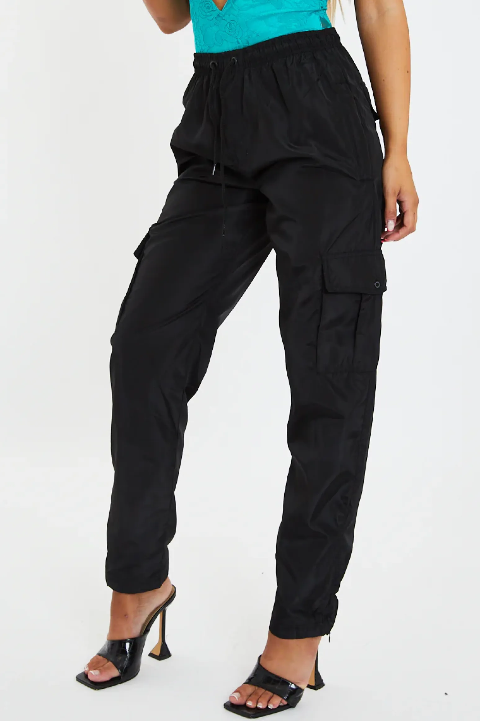 Rebellious Fashion Black Slit Hem Shell Cargo Joggers - Kasey