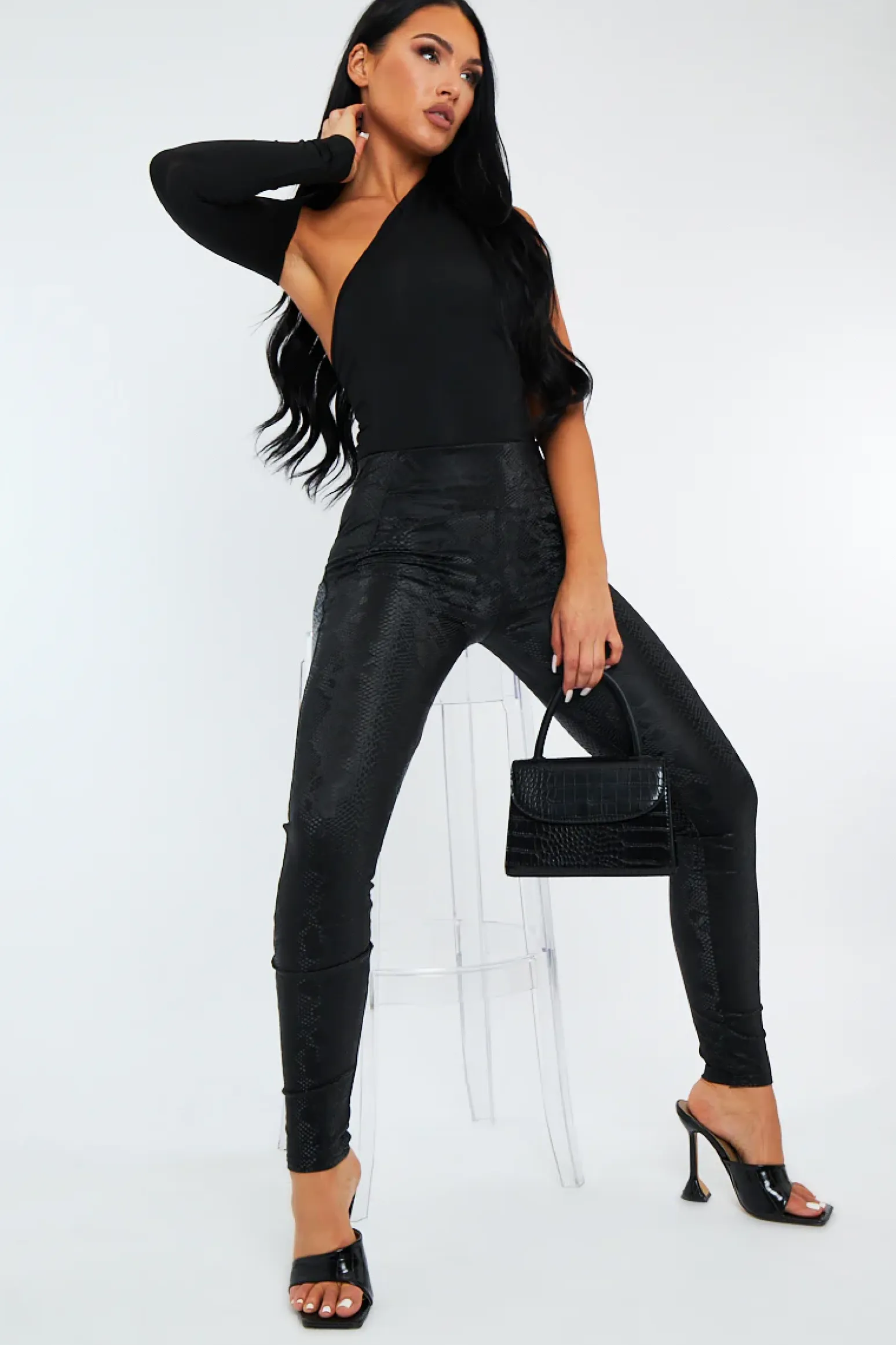Rebellious Fashion Black Snake Print PU Leather Leggings - Vala