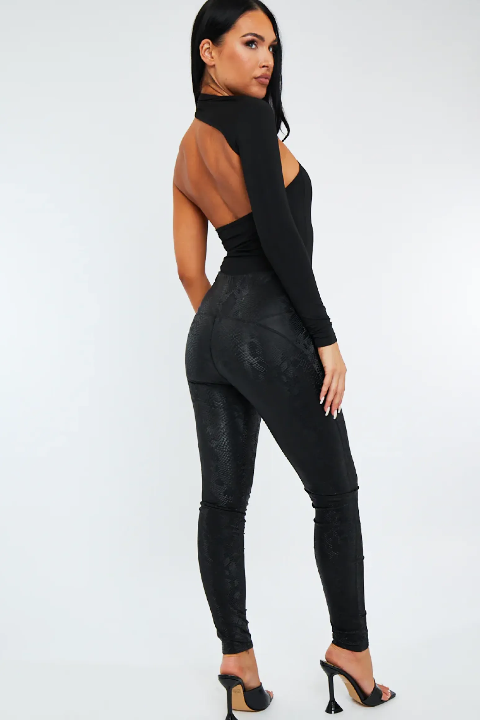 Rebellious Fashion Black Snake Print PU Leather Leggings - Vala