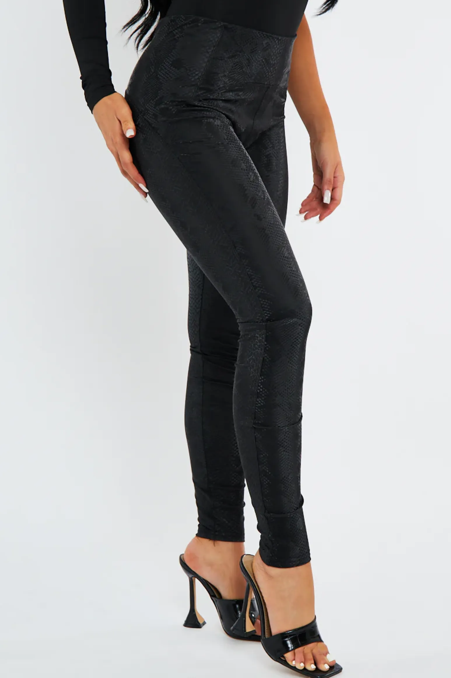 Rebellious Fashion Black Snake Print PU Leather Leggings - Vala