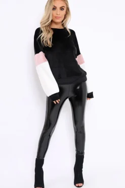 Rebellious Fashion Black Soft Fur Jumper with Contrast Sleeves - Erla