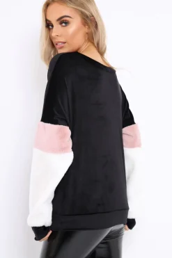 Rebellious Fashion Black Soft Fur Jumper with Contrast Sleeves - Erla