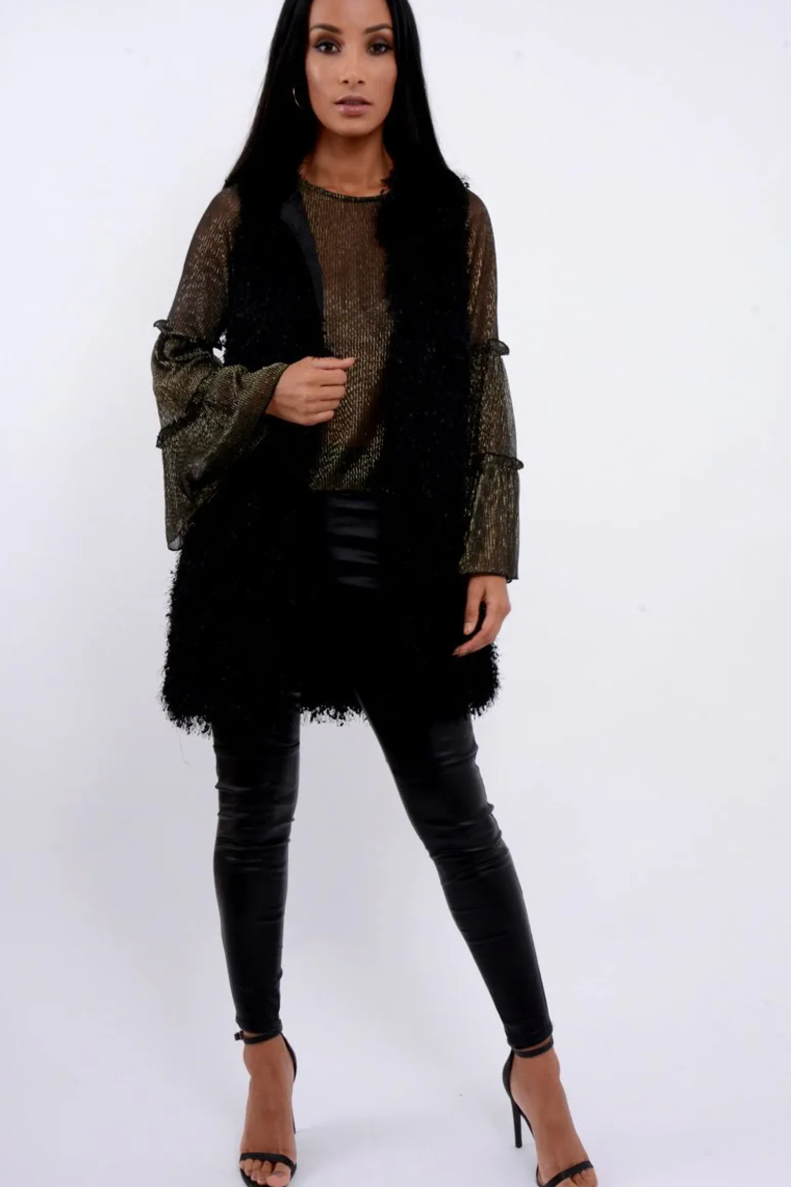 Rebellious Fashion Black Soft Shaggy Gilet - Niamh