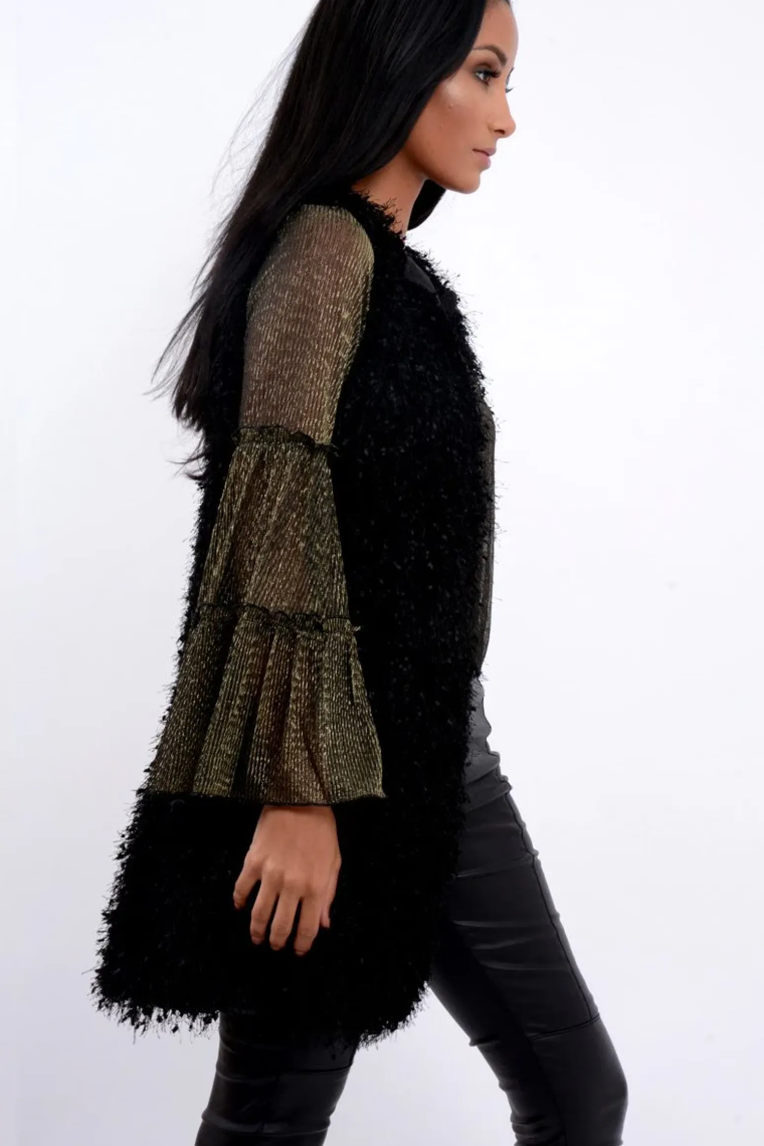 Rebellious Fashion Black Soft Shaggy Gilet - Niamh