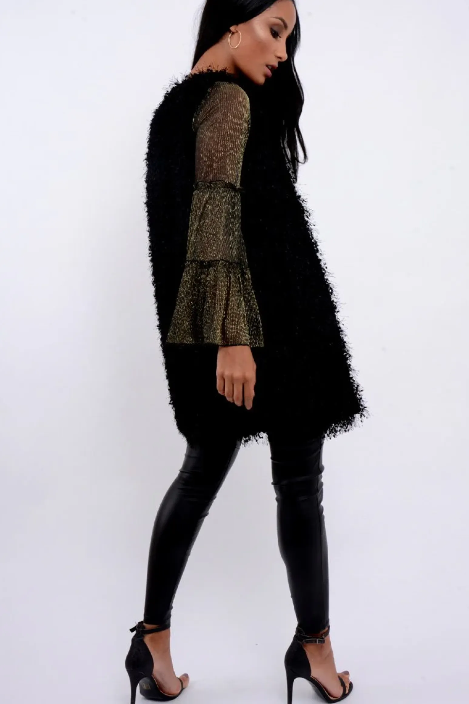 Rebellious Fashion Black Soft Shaggy Gilet - Niamh
