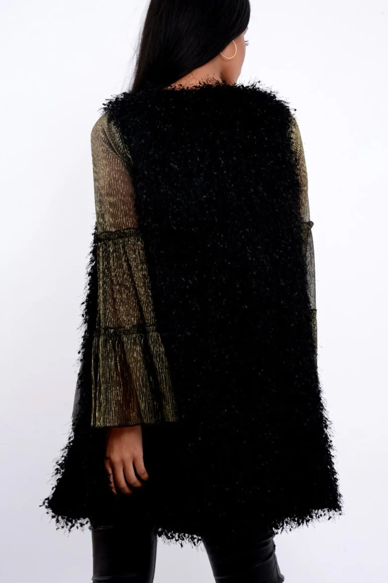 Rebellious Fashion Black Soft Shaggy Gilet - Niamh