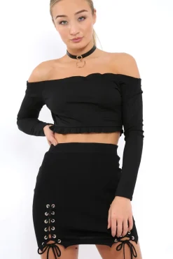 Rebellious Fashion Black Soft Stretch Skirt with Lace Up Detail - Zarrah
