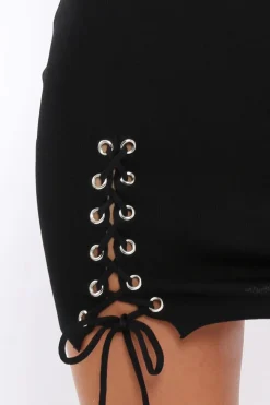 Rebellious Fashion Black Soft Stretch Skirt with Lace Up Detail - Zarrah