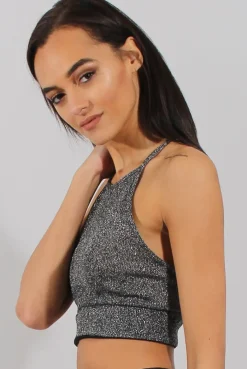 Rebellious Fashion Black Sparkle Halter Neck Crop Top - Charla