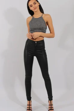 Rebellious Fashion Black Sparkle Halter Neck Crop Top - Charla