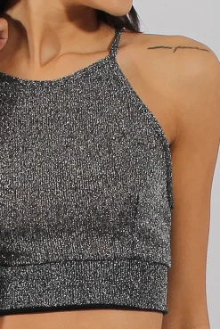 Rebellious Fashion Black Sparkle Halter Neck Crop Top - Charla