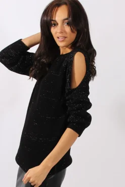 Rebellious Fashion Black Sparkle Knitted Cold Shoulder Jumper - May