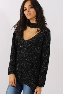 Rebellious Fashion Black Sparkle Knitted Cut Out Front Jumper - Meri
