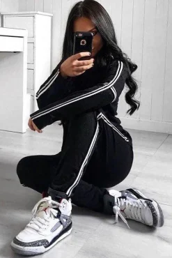 Rebellious Fashion Black Sparkle Striped Loungewear Set - Shellie