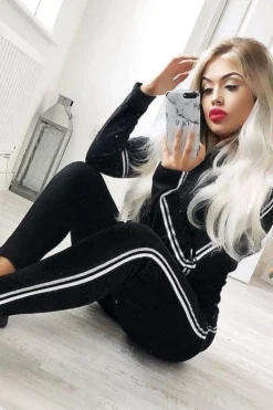 Rebellious Fashion Black Sparkle Striped Loungewear Set - Shellie