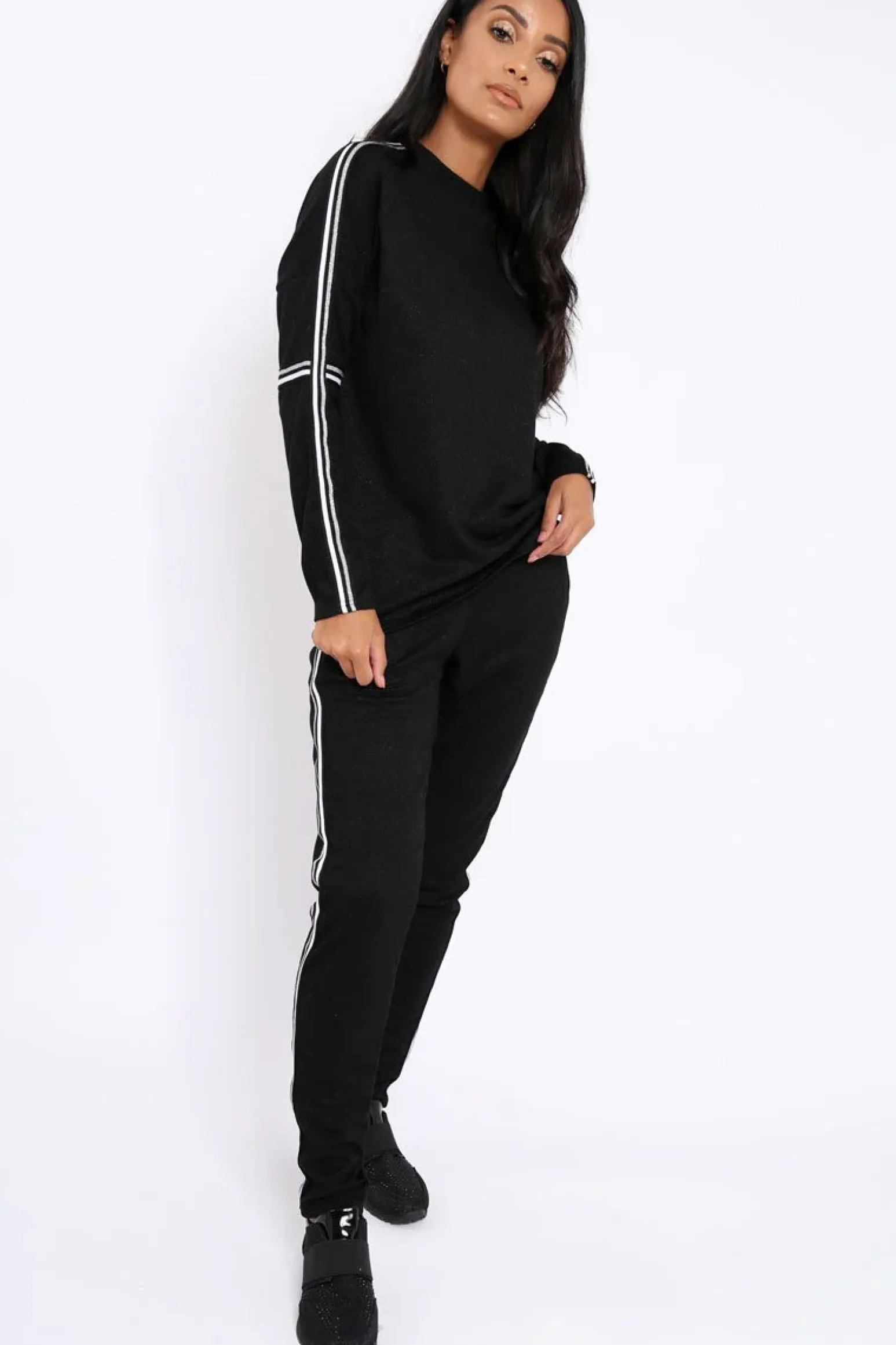 Rebellious Fashion Black Sparkle Striped Loungewear Set - Shellie