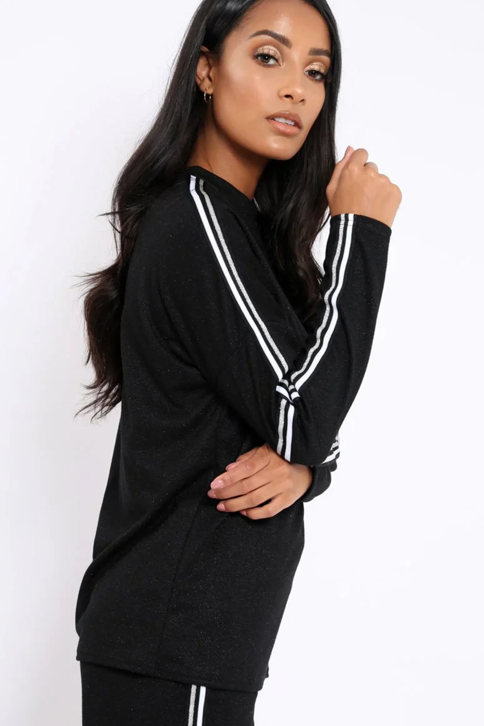 Rebellious Fashion Black Sparkle Striped Loungewear Set - Shellie