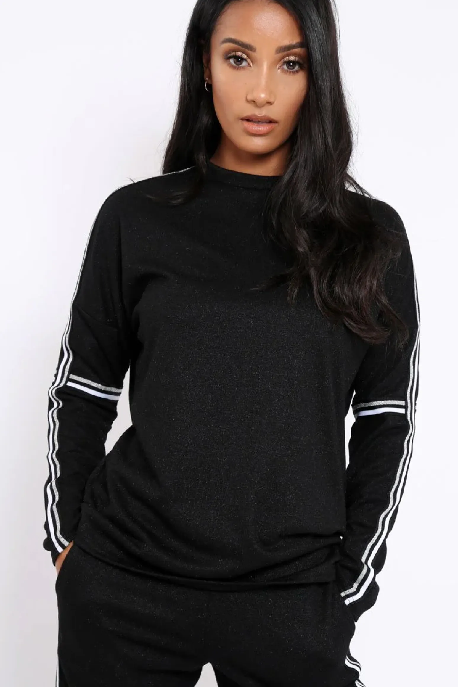 Rebellious Fashion Black Sparkle Striped Loungewear Set - Shellie